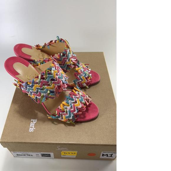 Meroine Pink Rainbow Woven 85mm raffia fringe heels mules D973 - Picture 2 of 11